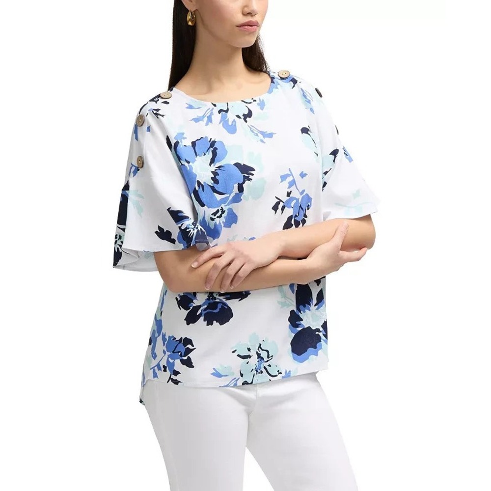 Ellen Tracy Floral Blue Linen Blend Dolman Sleeve Top ETWS2031 Womens Small NEW
